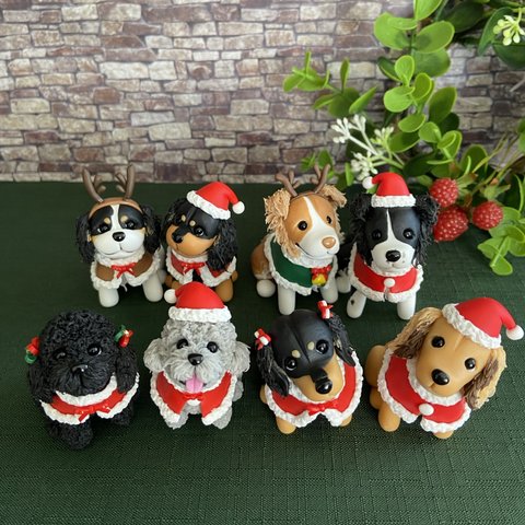 ⭐︎〜クリスマス限定〜⭐︎サンタ＆トナカイXmasコスチューム・4犬種のペアフィギュア（ダックス・プードル・キャバリア・ボーダーコリー）